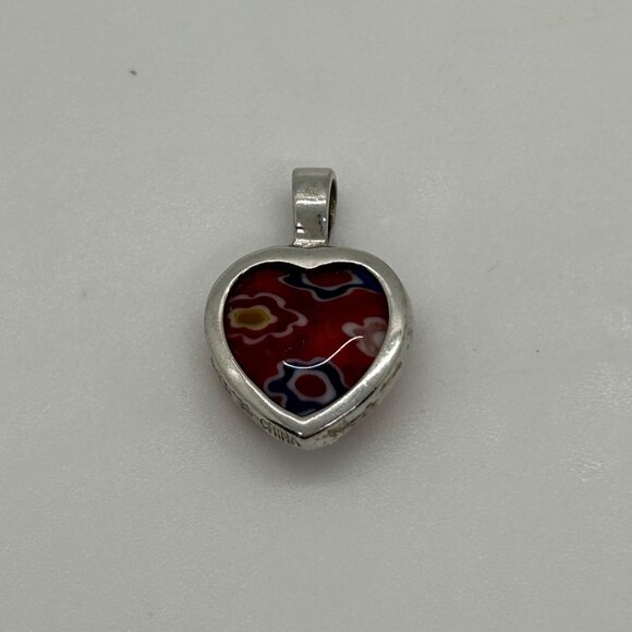 Estate Jewelry - Sterling Silver Heart Pendant With Millefiori Glass Design Red Multicolor 925